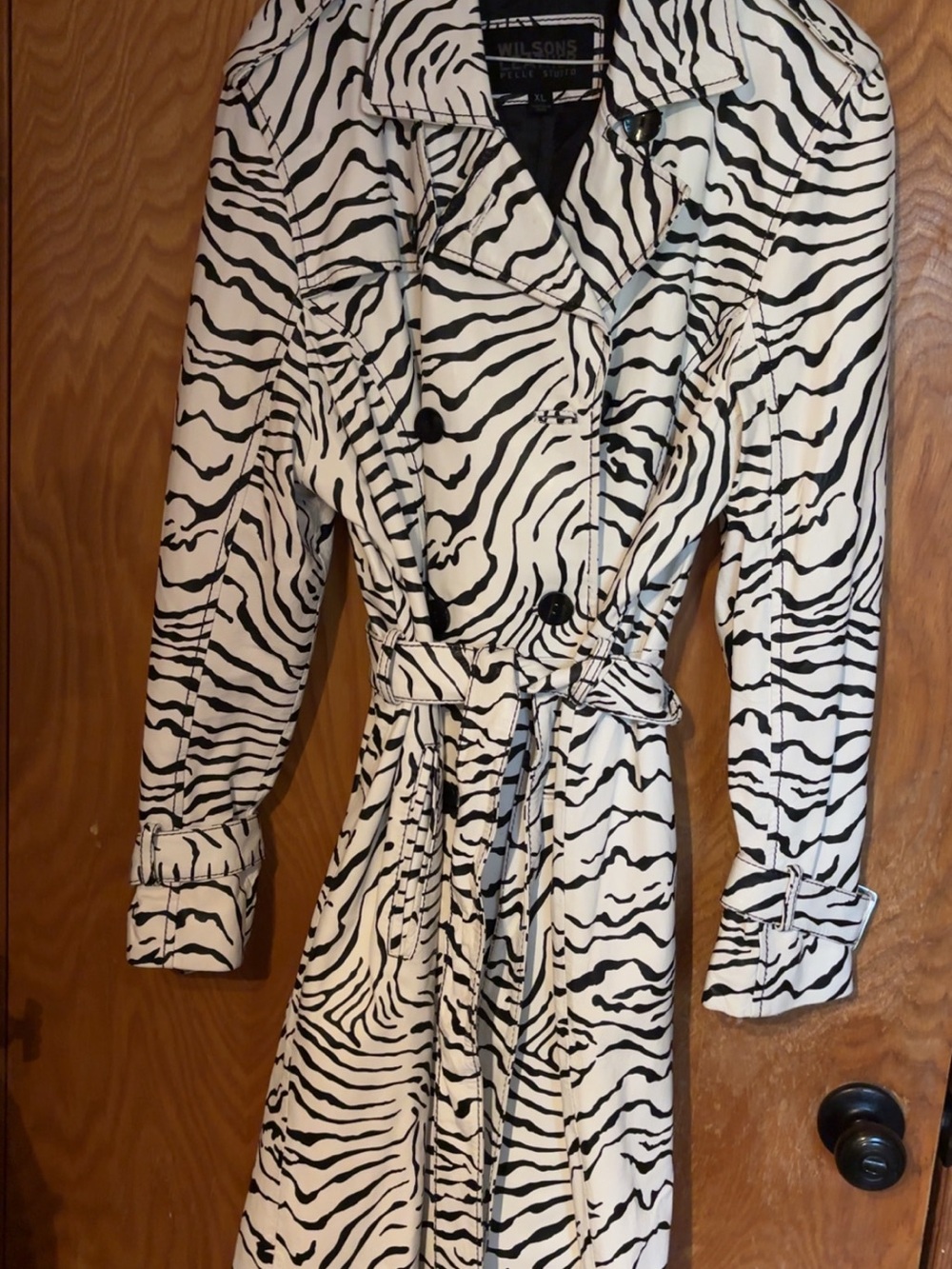 Wilsons Leather Black & White Zebra-Print Trench Coat